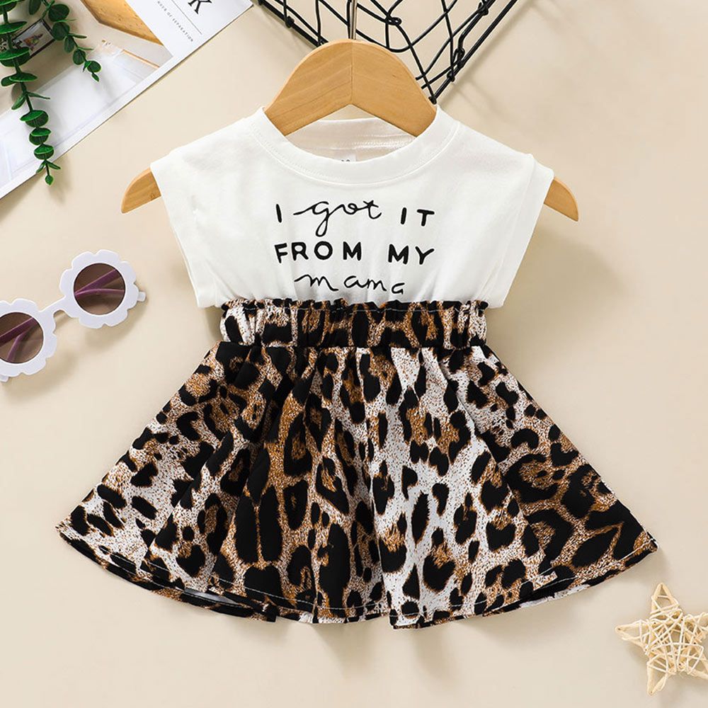 Baby Girl 95% Cotton Sleeveless Faux-two Letter Print Splicing Leopard Dress