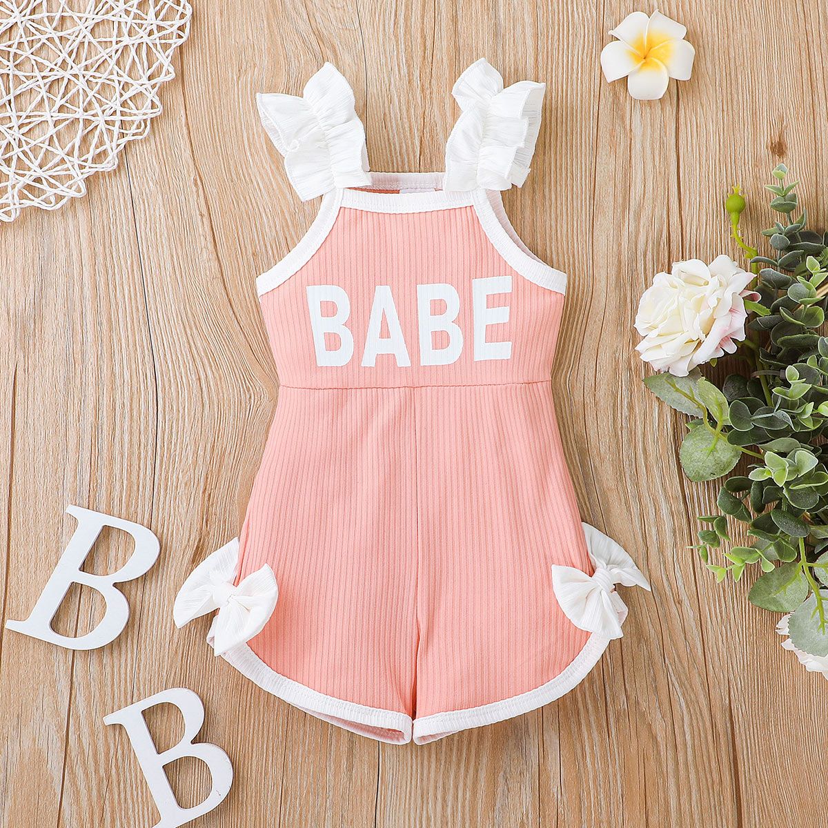 

Baby Girl Ruffle Strap Letter Print Sleeveless Ribbed Bowknot Romper