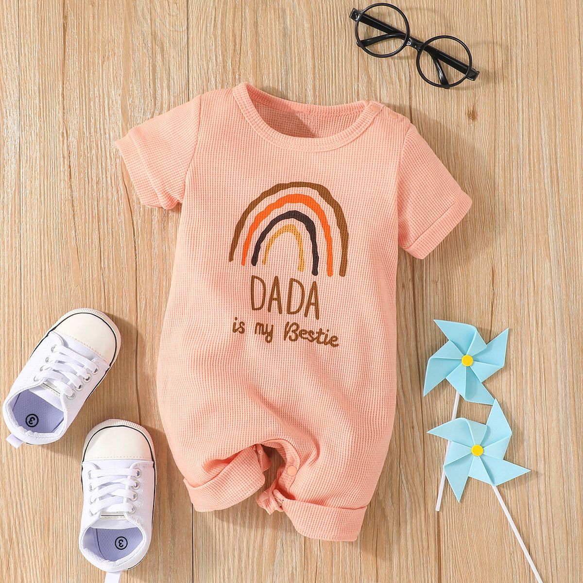 

Baby Boy Rainbow and Letter Print Waffle Short-sleeve Romper