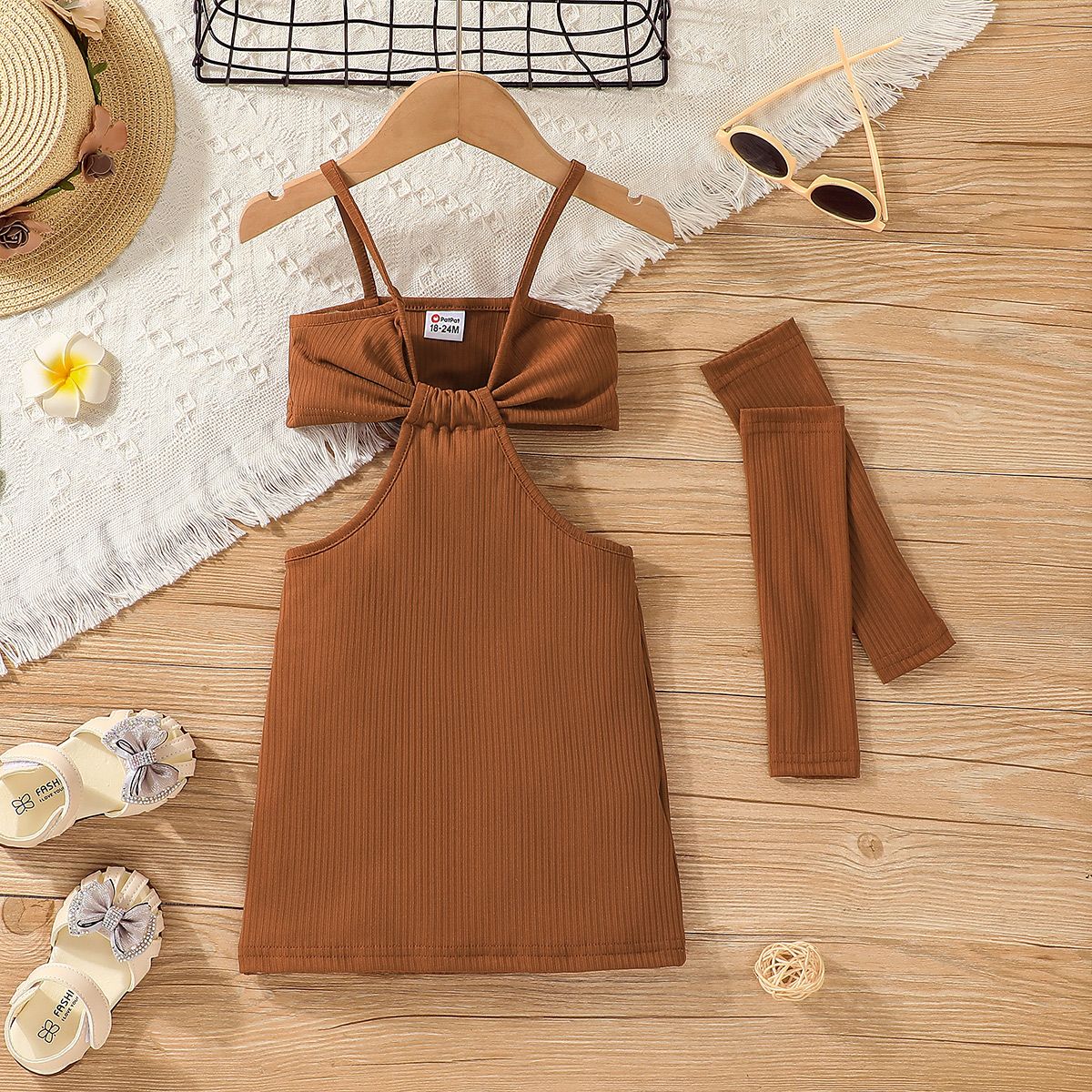

Toddler Girl Solid Color Ribbed Cut Out Slip Dress with Arm Sleeve