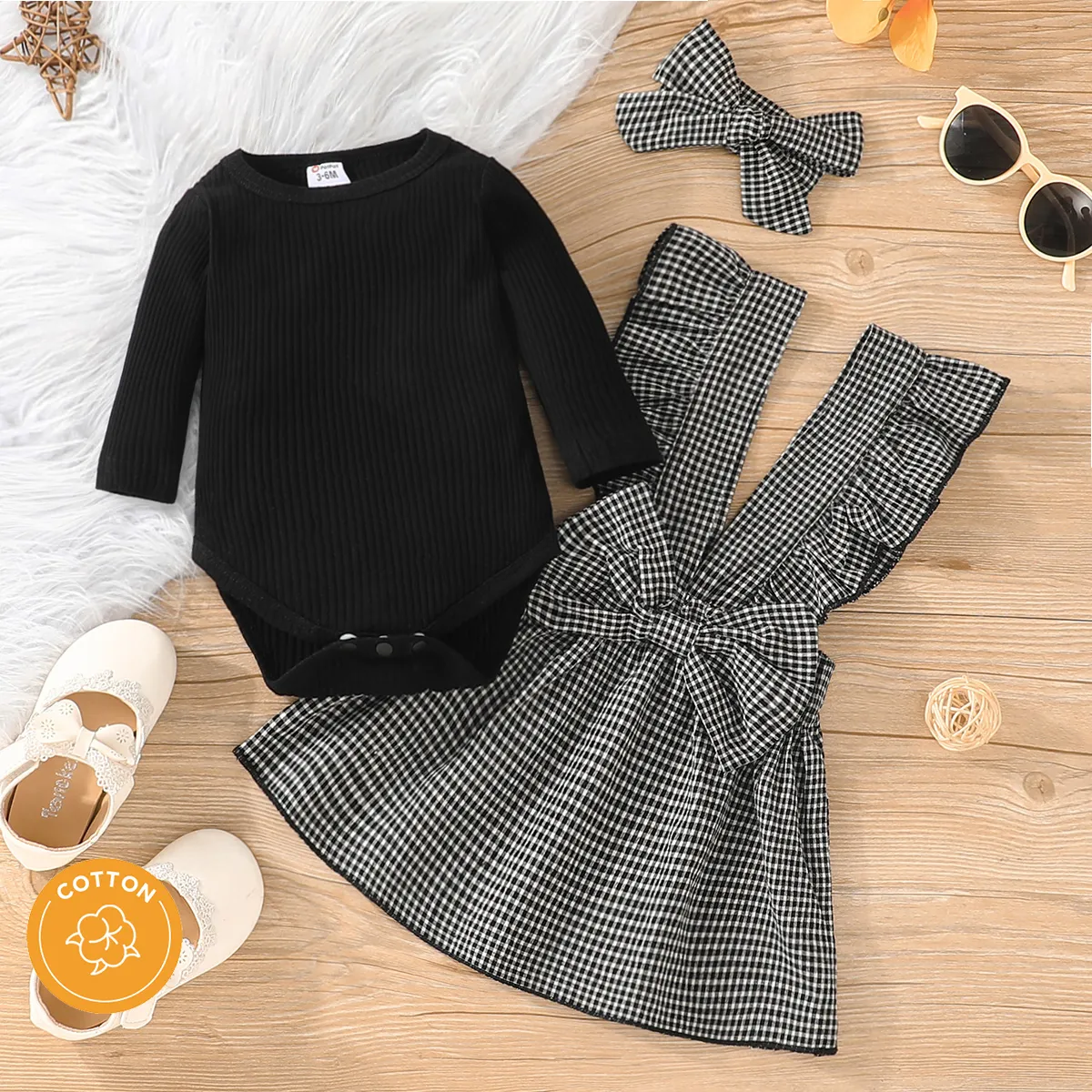 

3pcs Baby Girl 100% Cotton Gingham Bow Front Ruffle Trim Overall Dress and Long-sleeve Romper with Headband Set