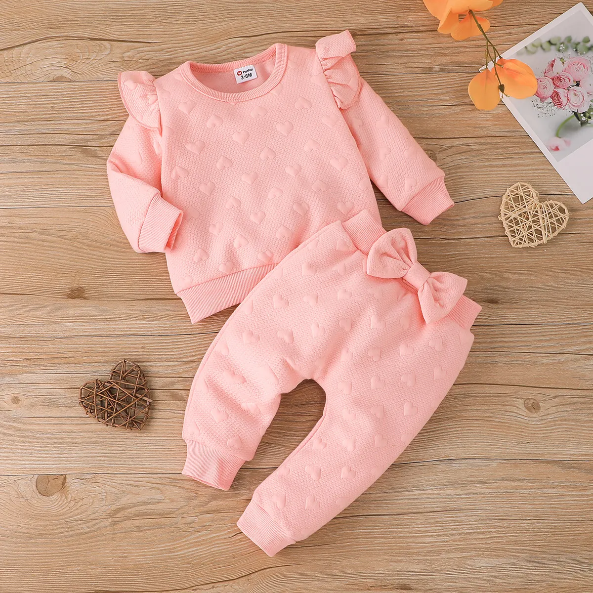 2pcs Baby Girl Pink Love Heart Textured Ruffle Trim Long-sleeve Pullover and Bow Front Pants Set