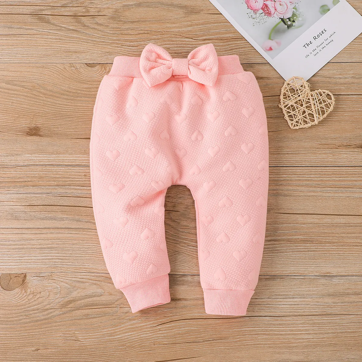 2pcs Baby Girl Pink Love Heart Textured Ruffle Trim Long-sleeve Pullover and Bow Front Pants Set Pink big image 1