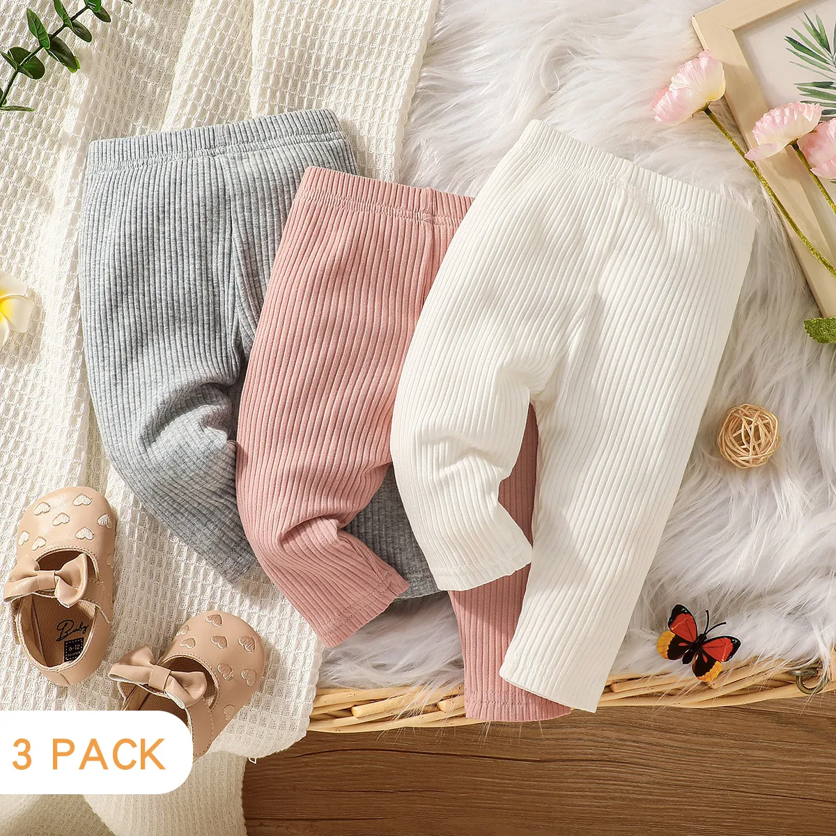 

3-Pack Baby Girl 95% Cotton Rib Knit Leggings Set