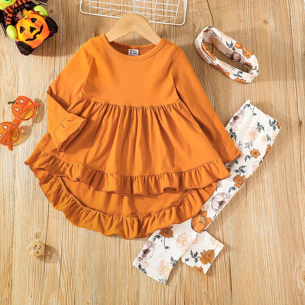 

3pcs Toddler Girl Ruffled High Low Long-sleeve Tee & Floral Print Leggings and Scarf Set