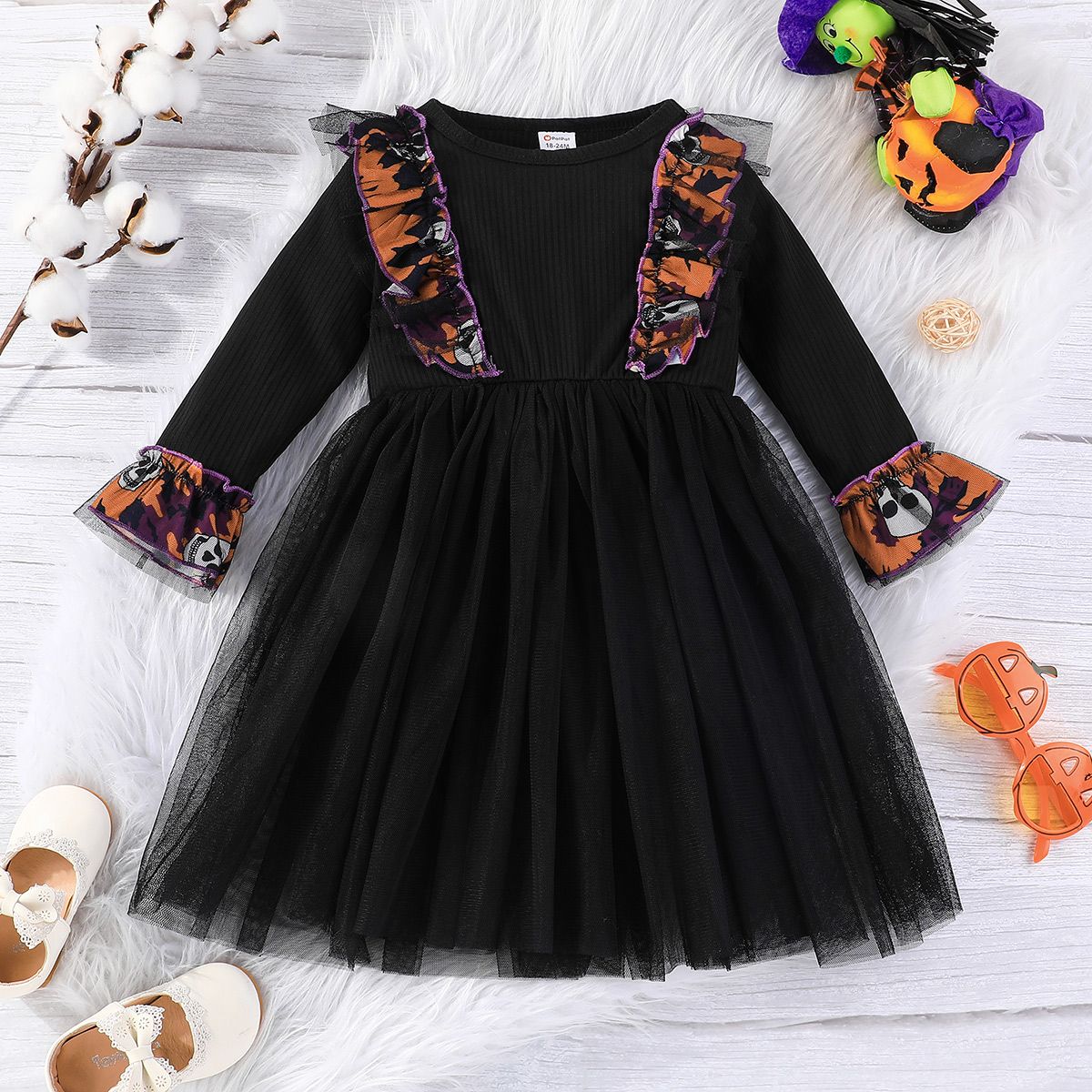 

Toddler Girl Halloween Ruffled Mesh Splice Long-sleeve Black Dress