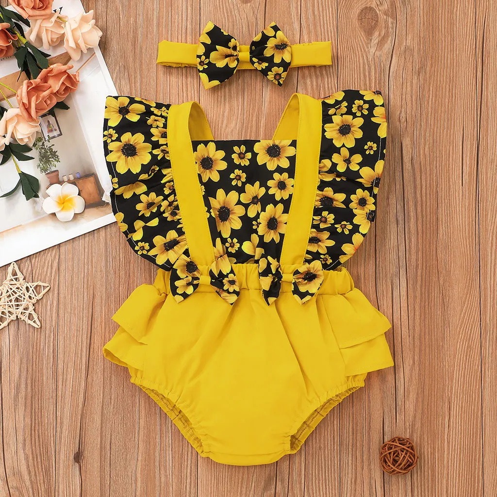 2pcs Baby Girl Sunflower Floral Print Splice Yellow Layered Sleeveless Ruffle Romper with Headband S