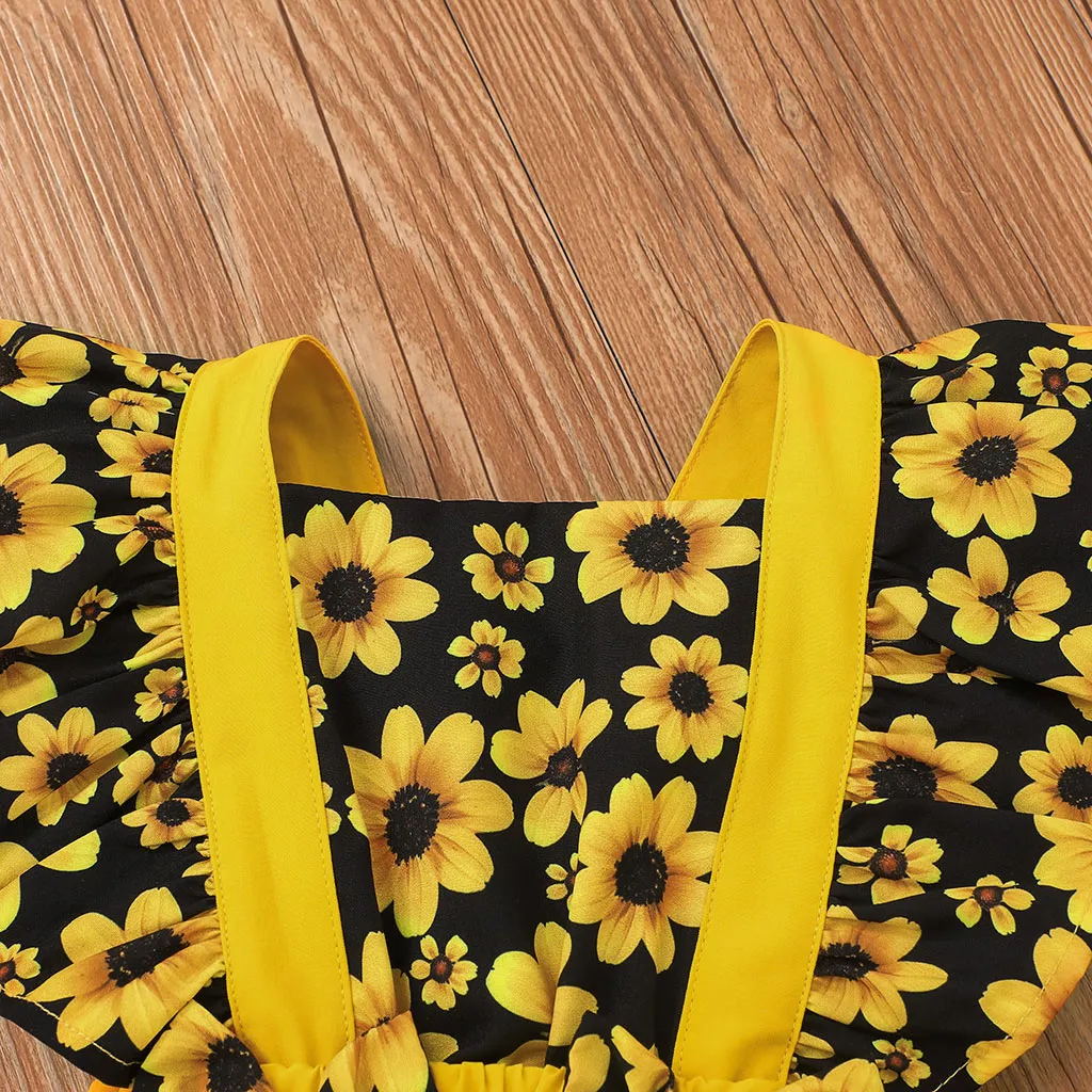 2pcs Baby Girl Sunflower Floral Print Splice Yellow Layered Sleeveless Ruffle Romper with Headband Set Yellow big image 1