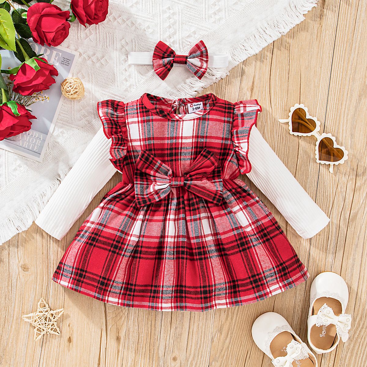 

2pcs Baby Girl Red Plaid Ruffle Trim Bow Front Spliced Ribbed Long-sleeve Dress with Headband Set