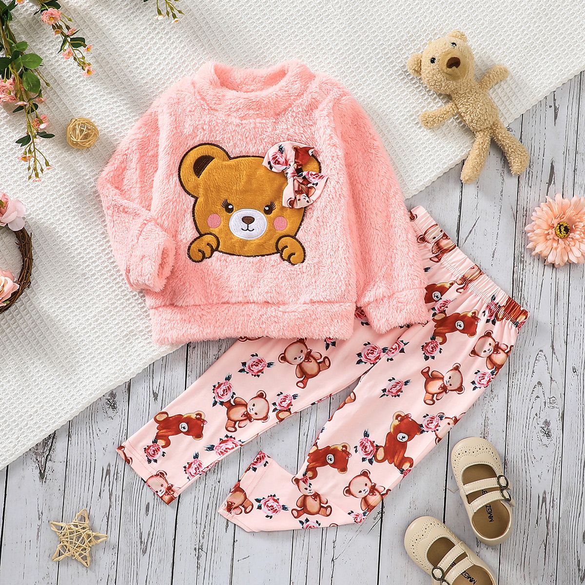 2pcs Toddler Girl Bowknot Design Bear Embroidered Fleece Sweatshirt and Pants Set