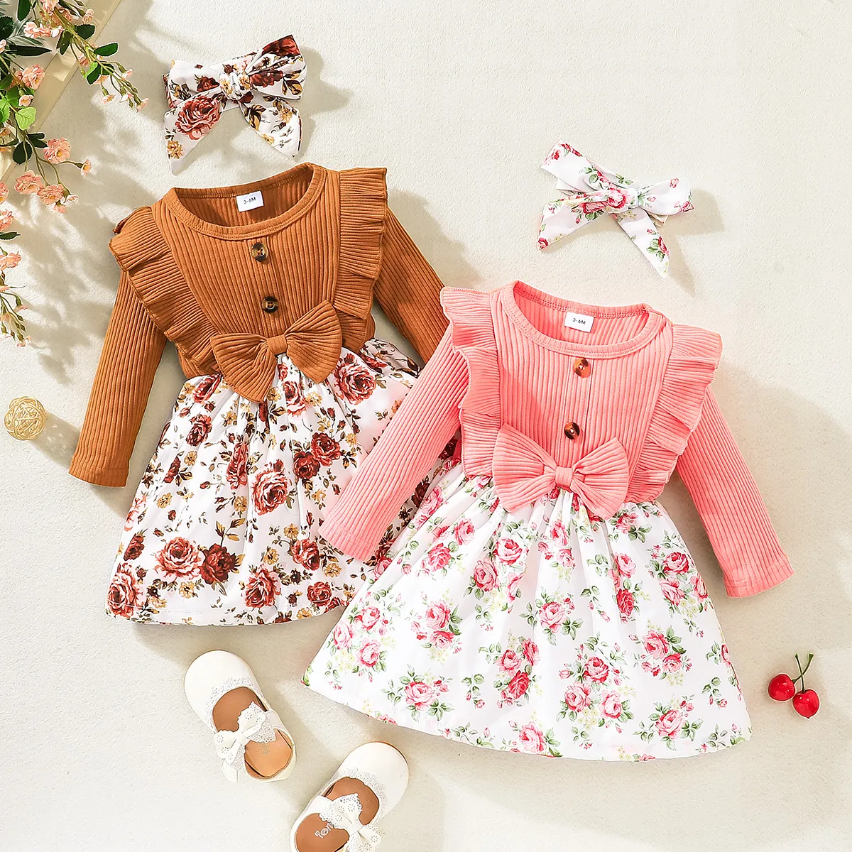 2 unidades Bebé Costuras de tecido Rosa Bonito Manga comprida Vestidos Gengibre big image 1