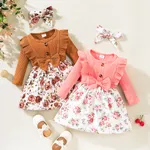 2pcs Baby 95% Cotton Ribbed Long-sleeve Ruffle Bowknot Splicing Floral Print Dress with Headband Set Ginger image 2