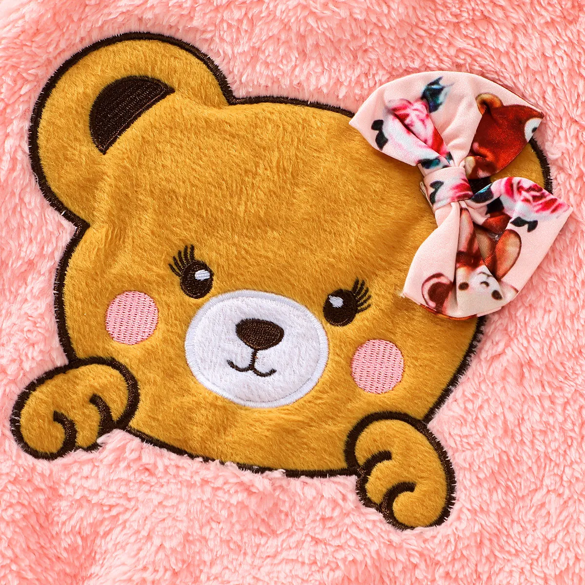 2pcs Toddler Girl Bowknot Design Bear Embroidered Fleece Sweatshirt and Pants Set Pink big image 1