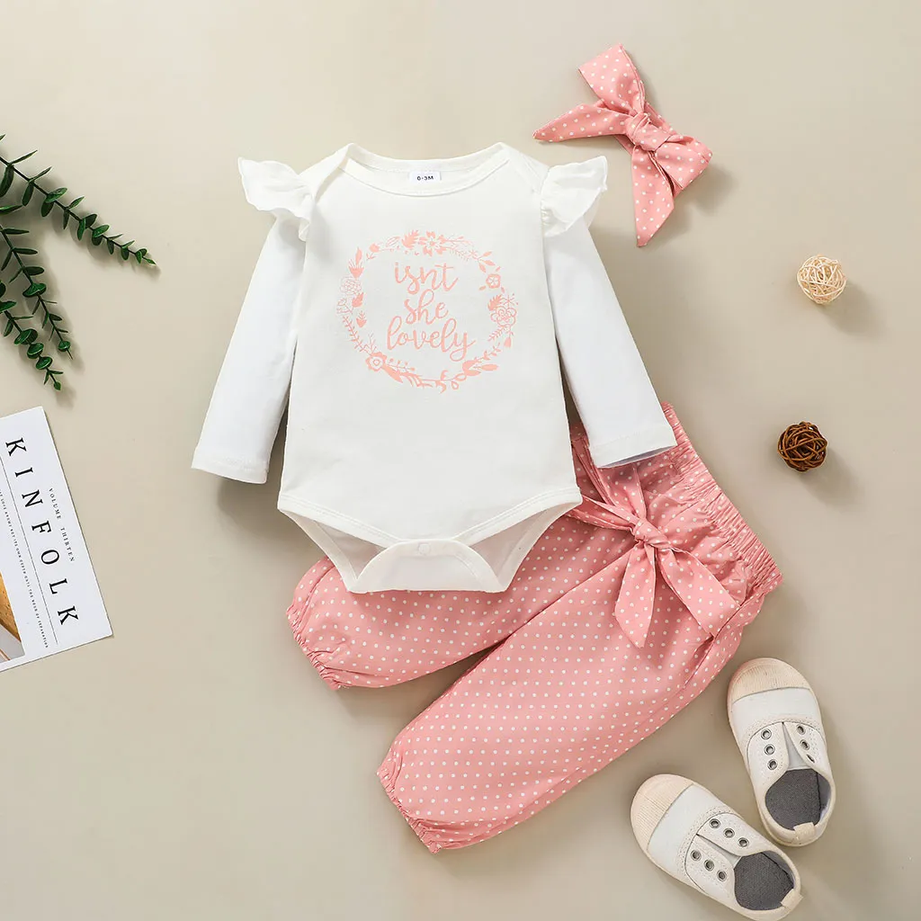 

3pcs Baby Girl 95% Cotton Ruffle Long-sleeve Letter Ptint Romper and Polka Dots Pants with Headband Set
