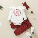 3pcs Baby Girl 95% Cotton Ruffle Long-sleeve Letter Ptint Romper and Polka Dots Pants with Headband Set Burgundy