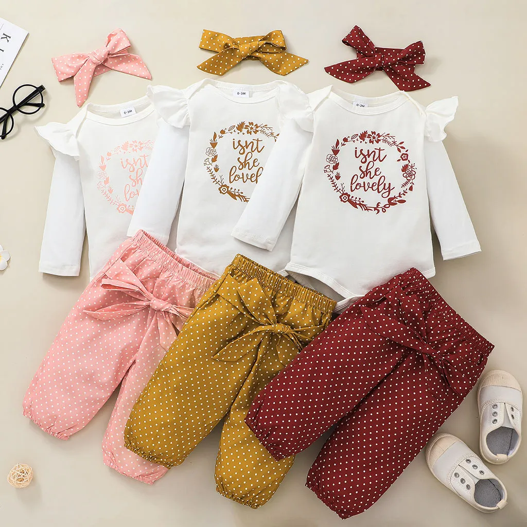 3pcs Baby Girl 95% Cotton Ruffle Long-sleeve Letter Ptint Romper and Polka Dots Pants with Headband Set Burgundy big image 1