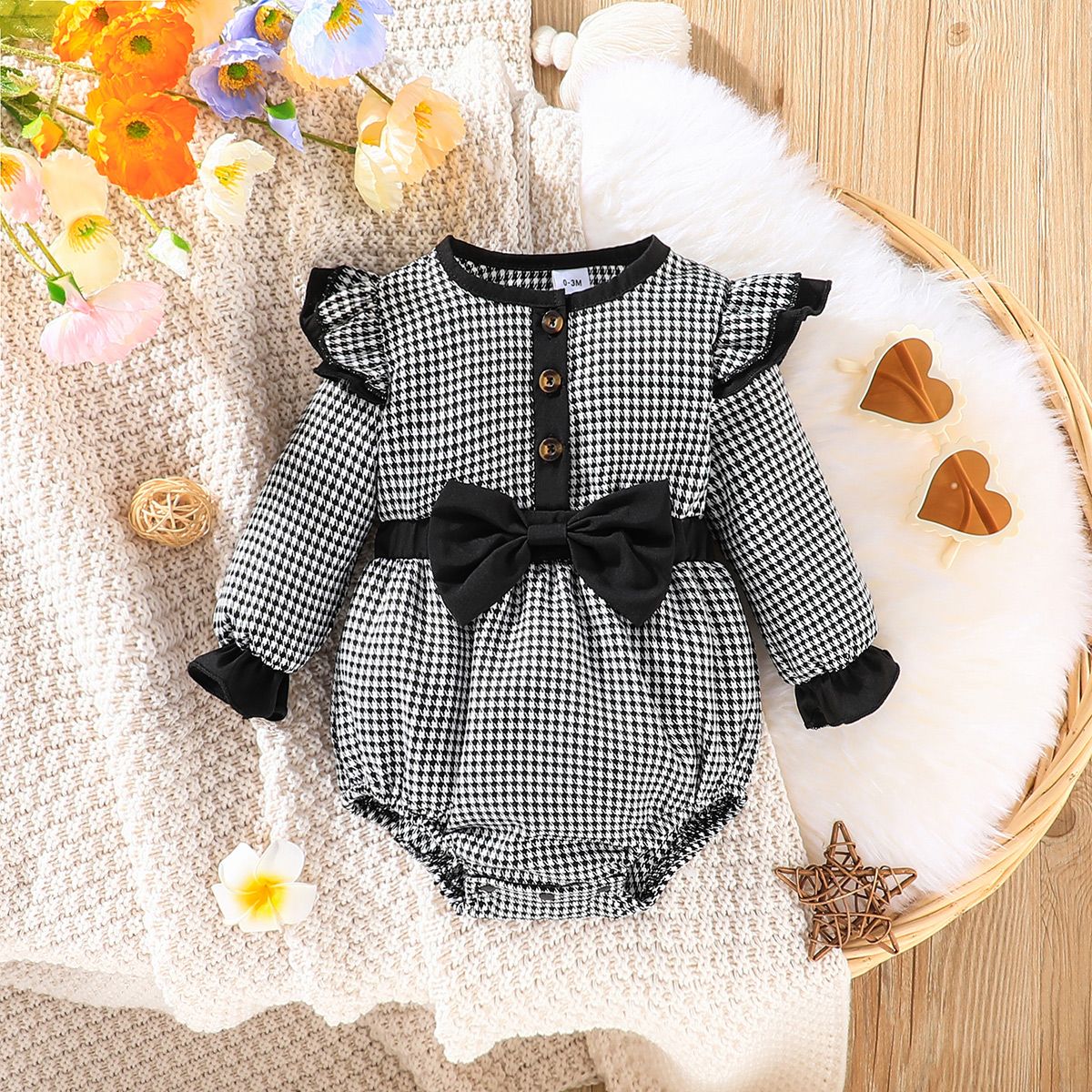 Baby Girl Bow Front Long-sleeve Houndstooth Romper