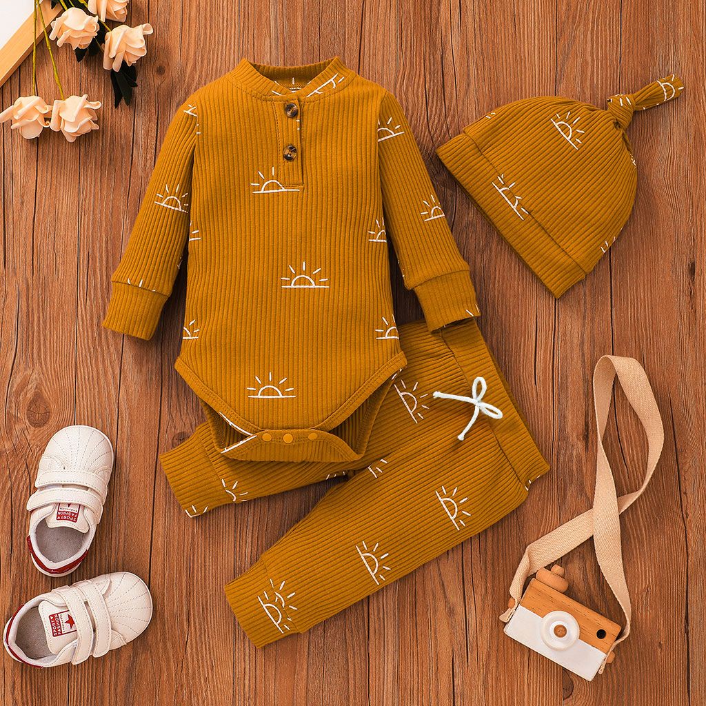 3-piece Baby Boy/Girl 95% Cotton Ribbed Long-sleeve Sun Print Button Design Romper And Elasticized Pants With Cap Set