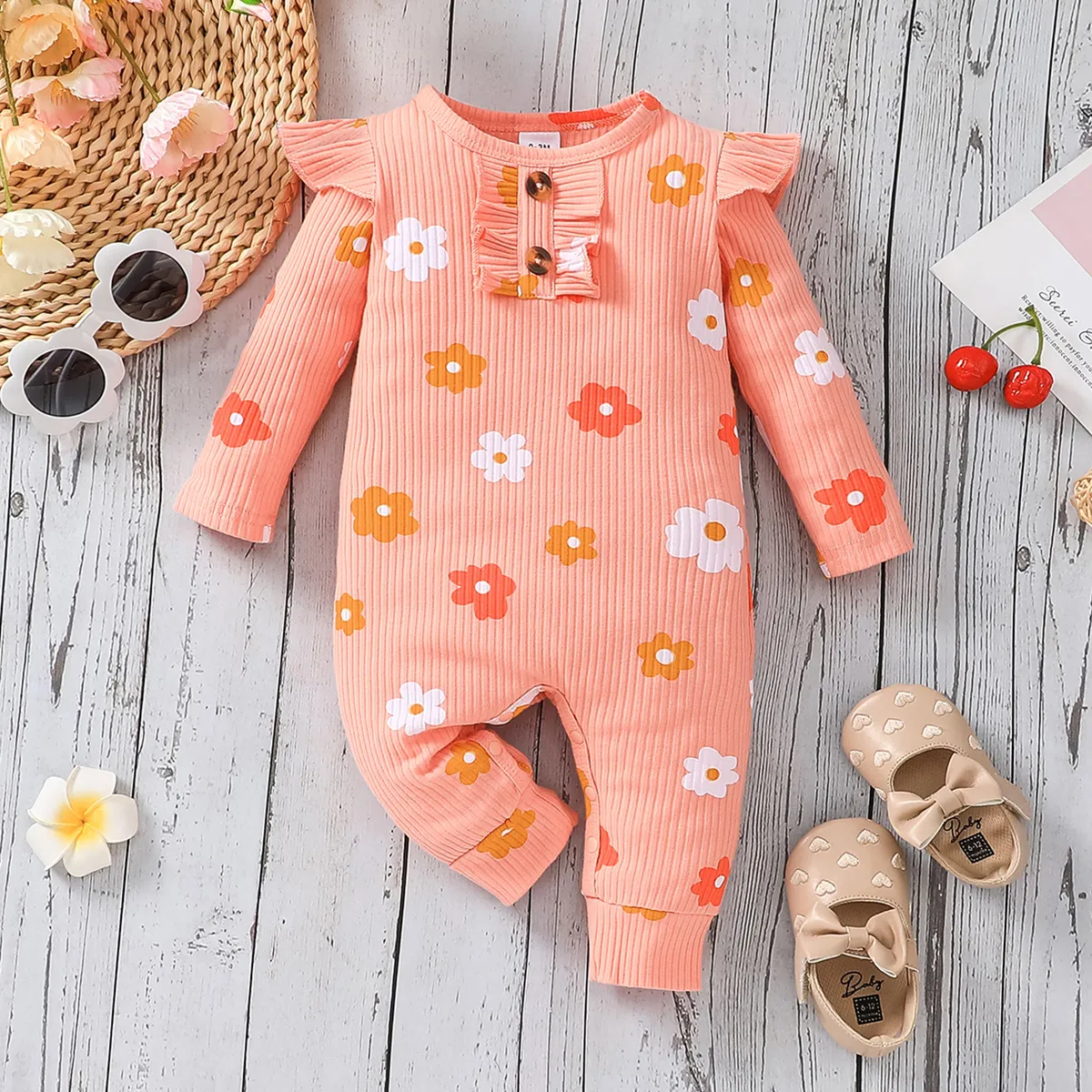 

Baby Girl Allover Floral Print Pink Rib Knit Ruffle Trim Long-sleeve Jumpsuit