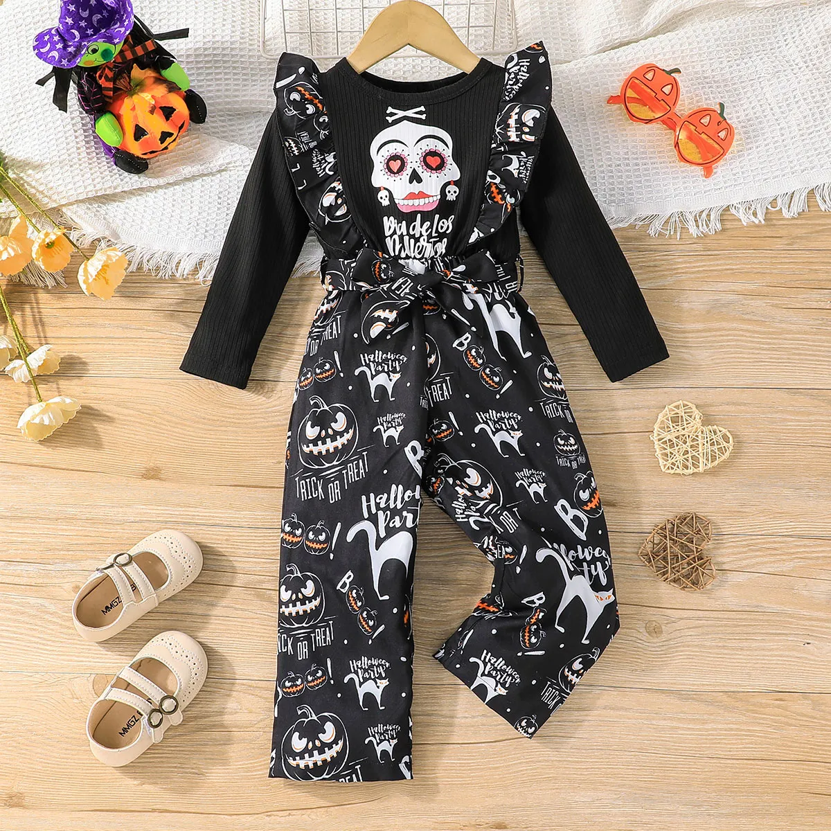 Toddler Girl Halloween Faux-two Skeleton Print Long-sleeve T-shirt Top and Overalls Pants Black Set