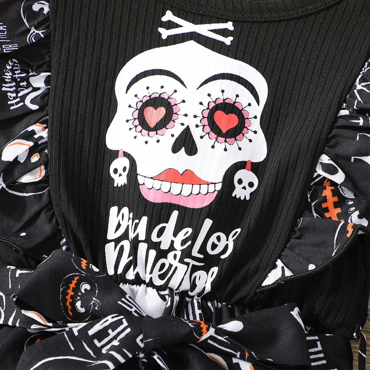 Toddler Girl Halloween Faux-two Skeleton Print Long-sleeve T-shirt Top and Overalls Pants Black Set Black image 4