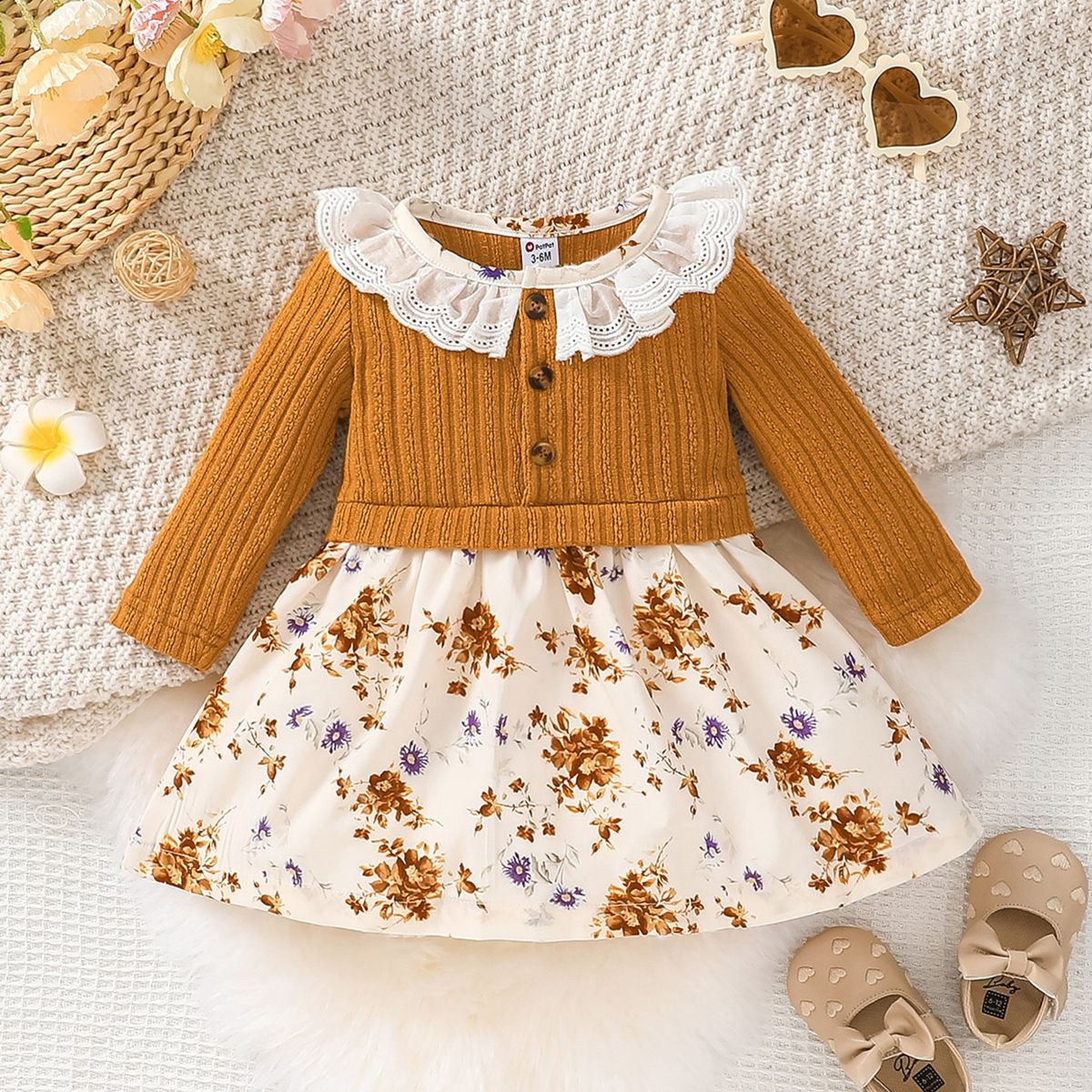 

Baby Girl Button Front Ruffle Collar Floral Print & Ribbed Long-sleeve Dress