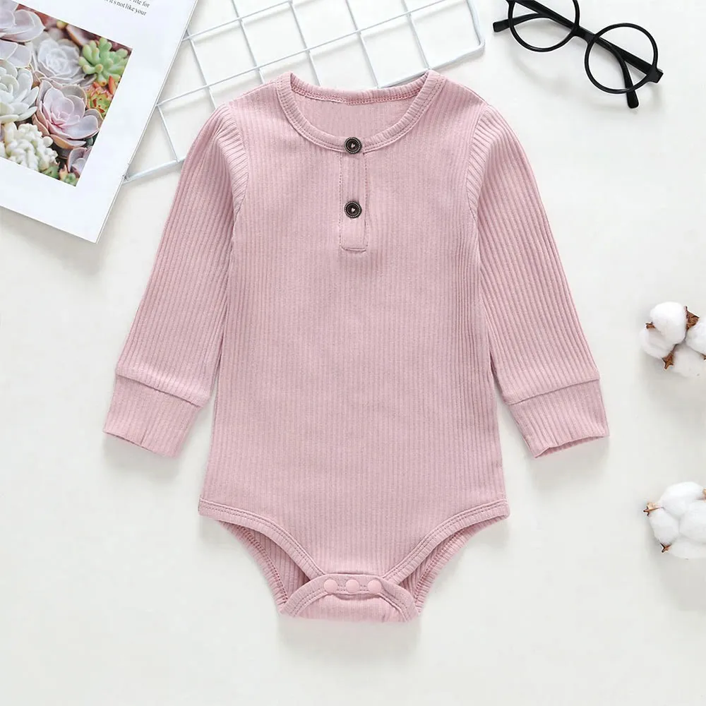 Baby Boy/Girl 95% Cotton Ribbed Long-sleeve Button Up Romper Pink big image 1
