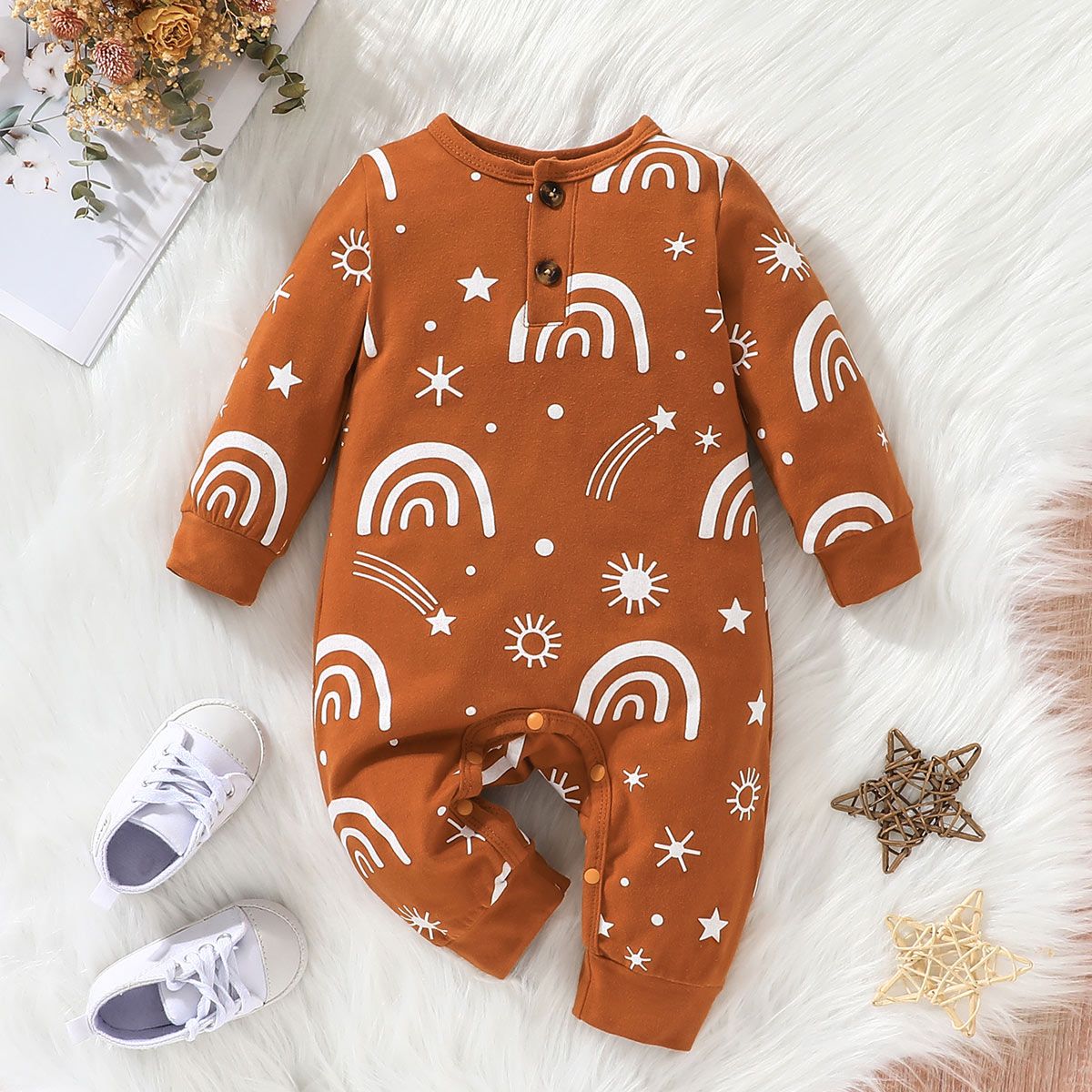 

Baby Boy/Girl Allover Rainbow Print Long-sleeve Jumpsuit