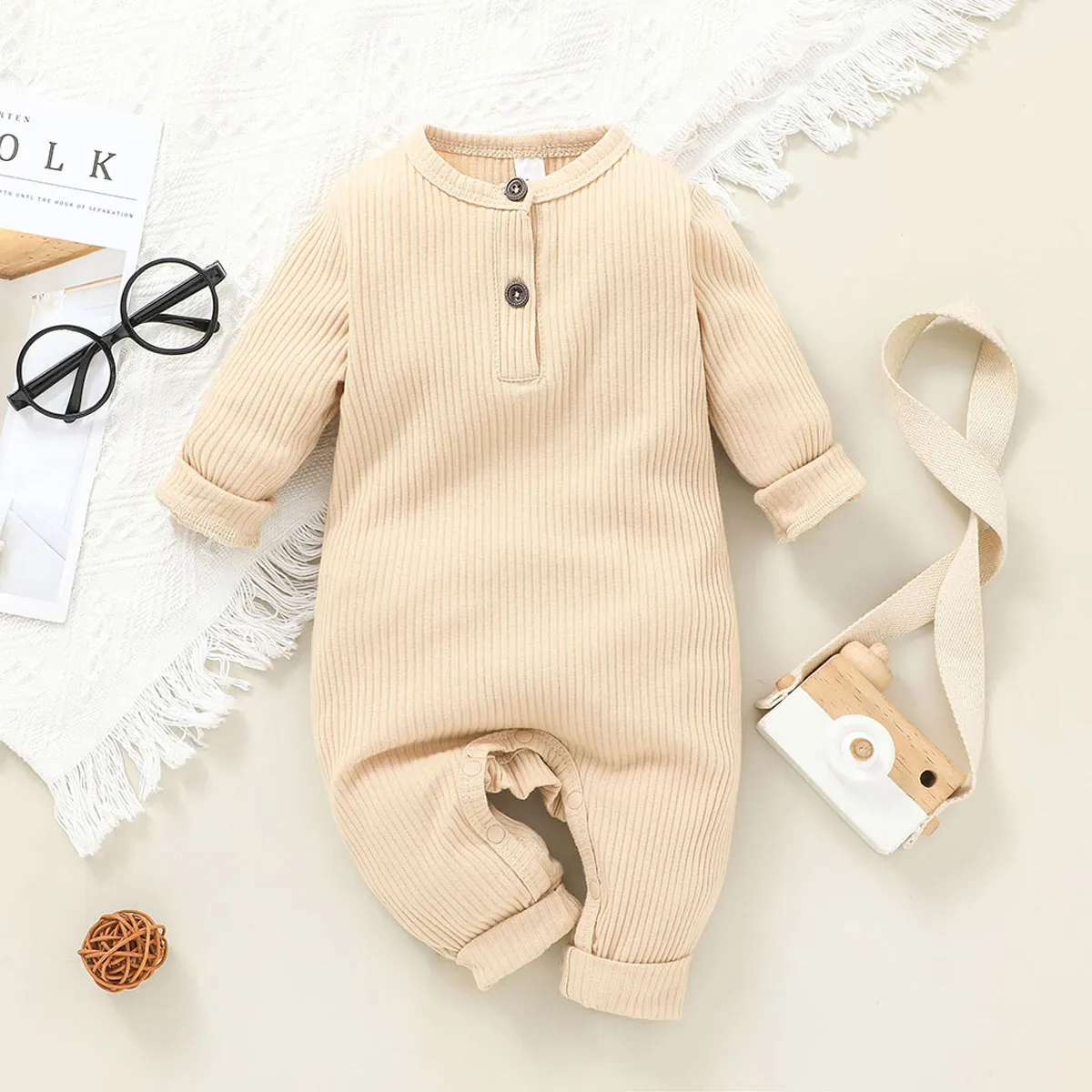 Baby Boy/Girl 95% Cotton Ribbed Long-sleeve Button Up Jumpsuit Apricot big image 1