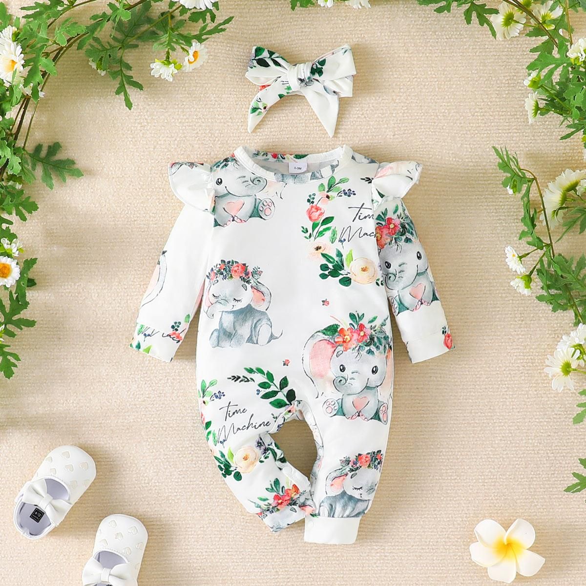 

2pcs Baby Girl Allover Elephant Print Ruffle Long-sleeve Jumpsuit & Headband Set