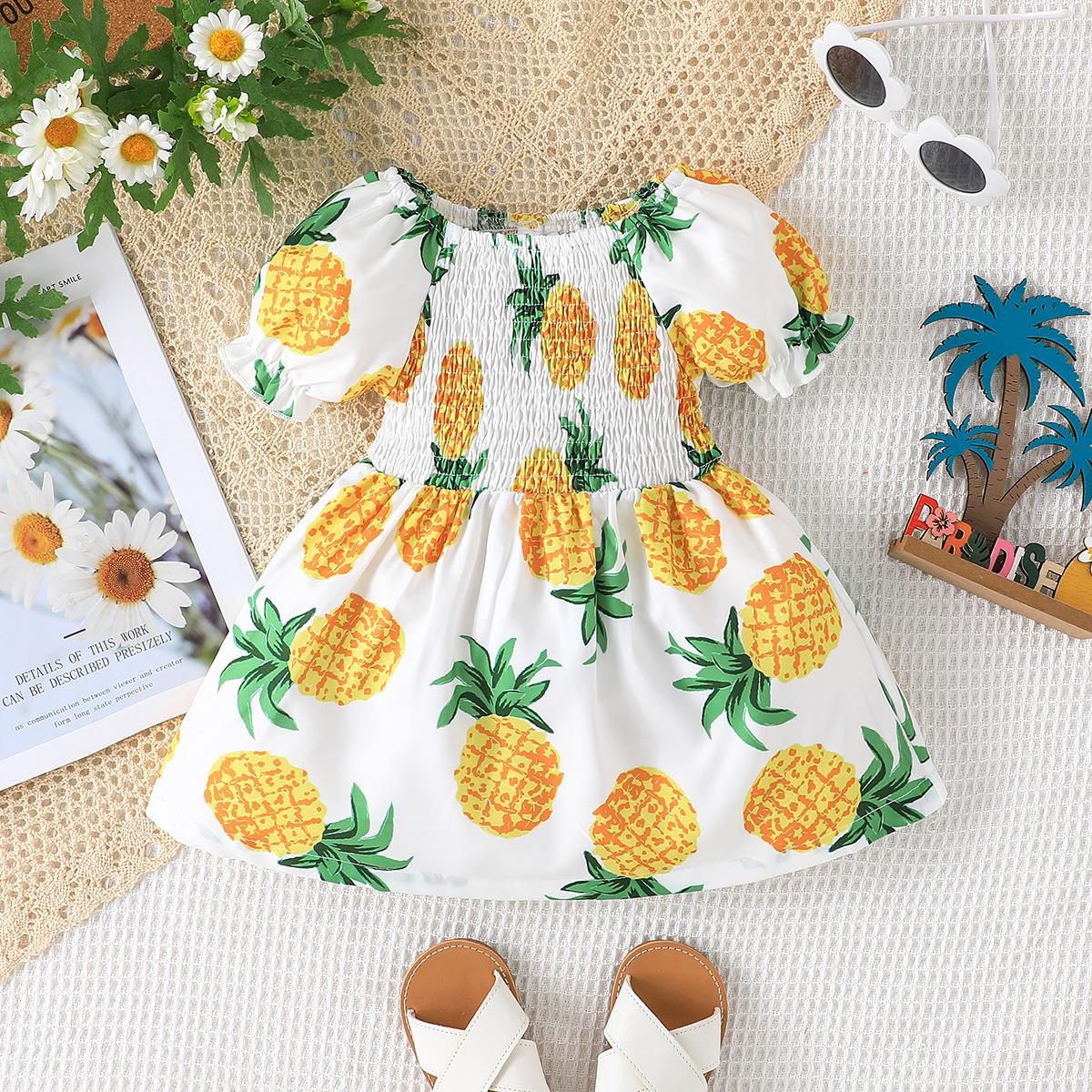 Baby Girl Allover Pineapple Print Off Shoulder Puff-sleeve Shirred Dress