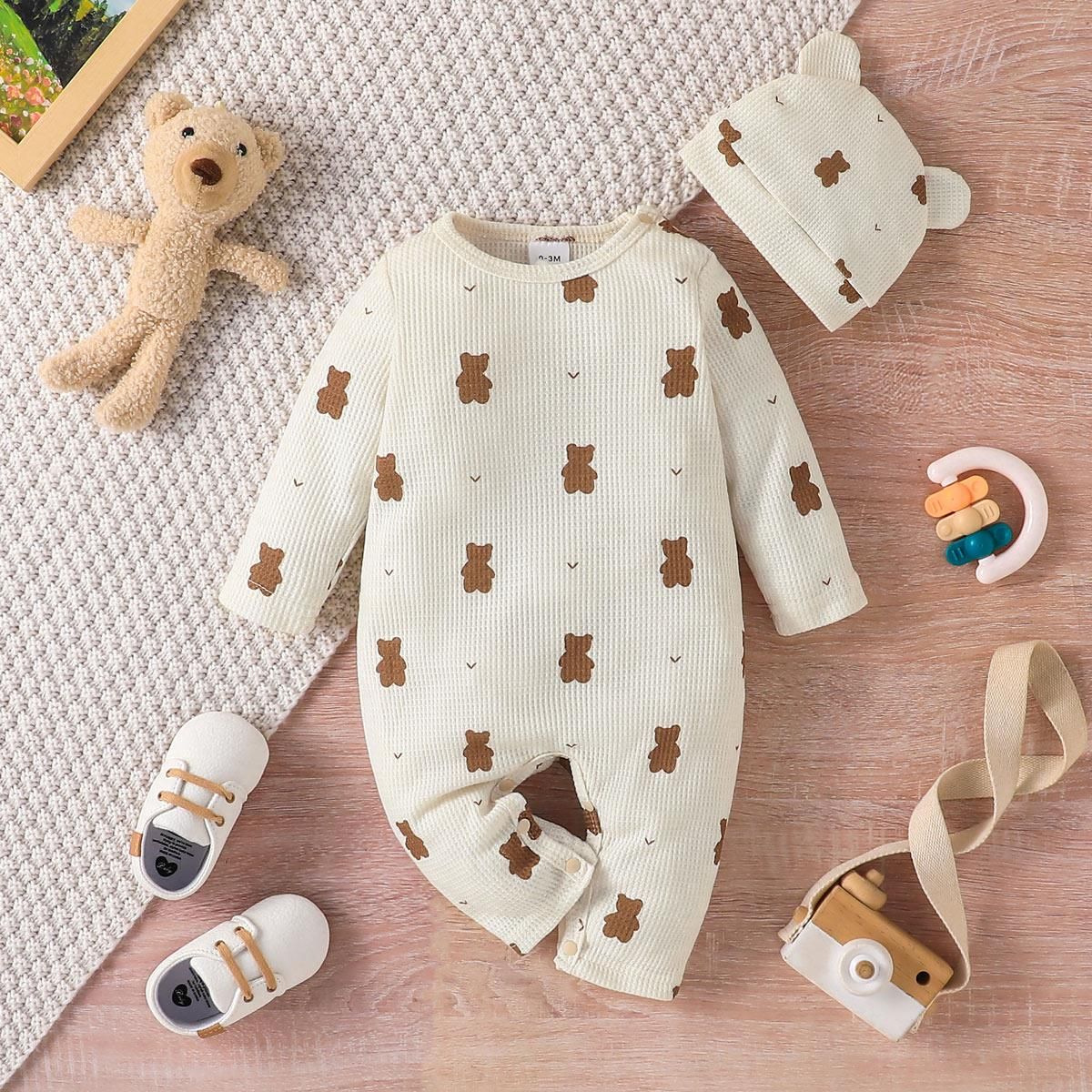 

2pcs Baby Girl Allover Bear Print Long-sleeve Waffle Jumpsuit & Hat Set