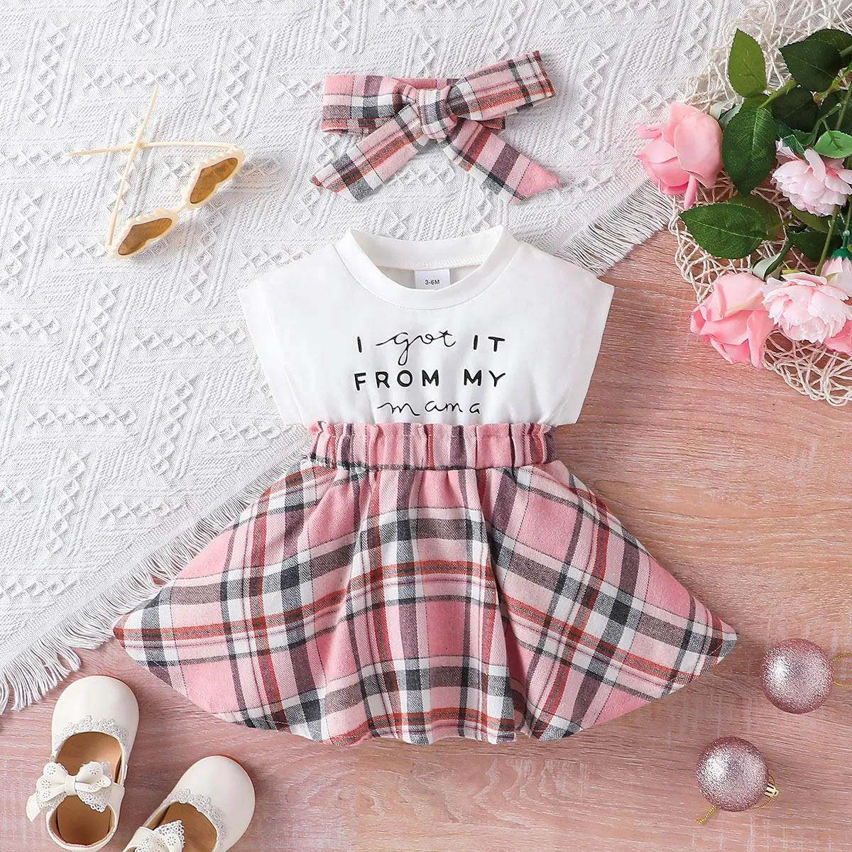 2pcs Baby Girl 95% Cotton Letter Print Sleeveless Spliced Plaid Dress & Headband Set Pink big image 1