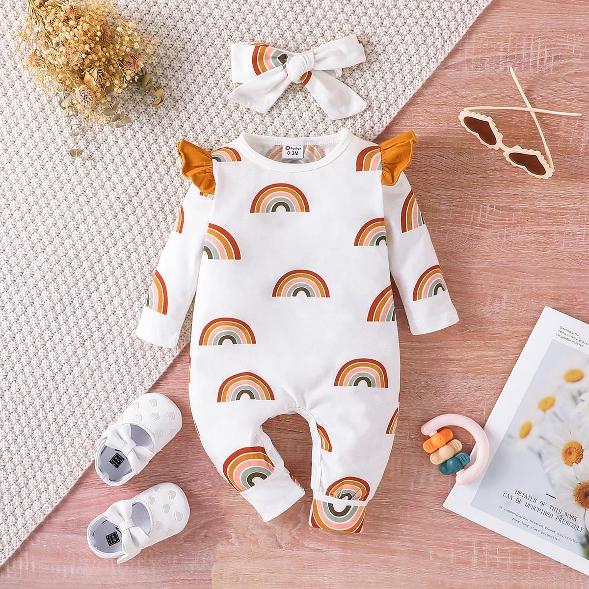 

2pcs Baby Girl 95% Cotton Allover Rainbow Print Ruffle Trim Long-sleeve Jumpsuit & Headband Set
