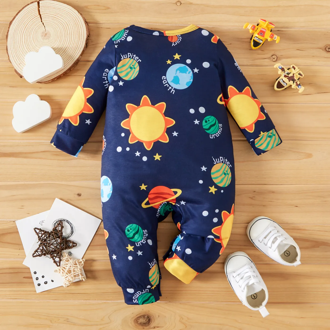 Baby Boy All Over Solar System Planets and Letter Print Dark Blue Long-sleeve Jumpsuit Deep Blue image 2