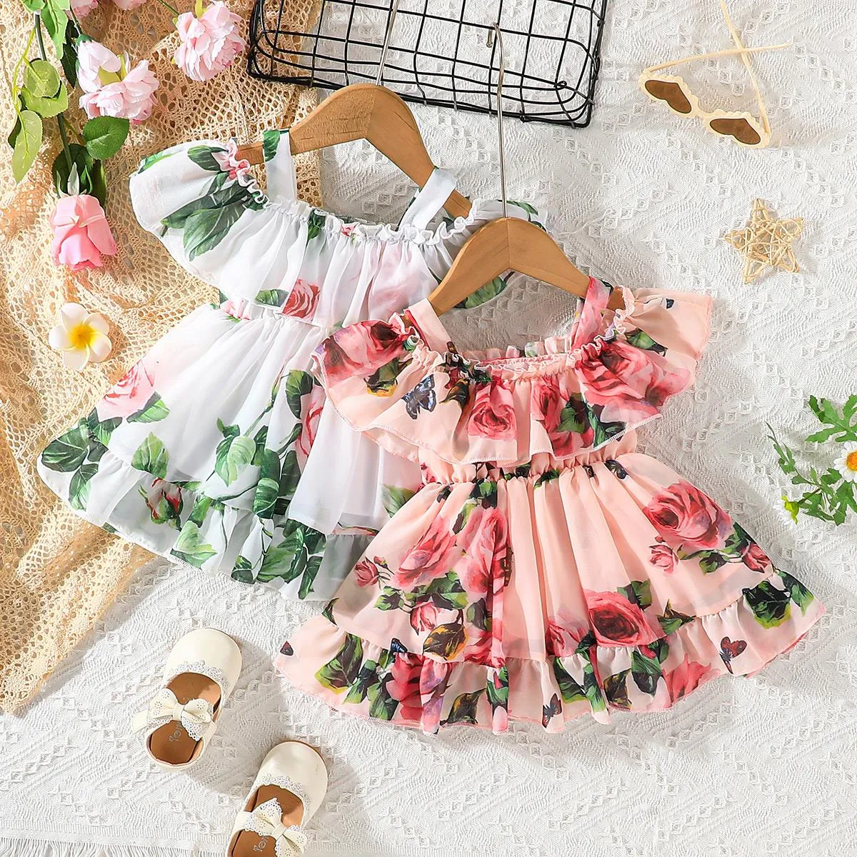 Baby Girl Allover Floral Print Ruffled Cold Shoulder Flowy Chiffon Dress White image 2