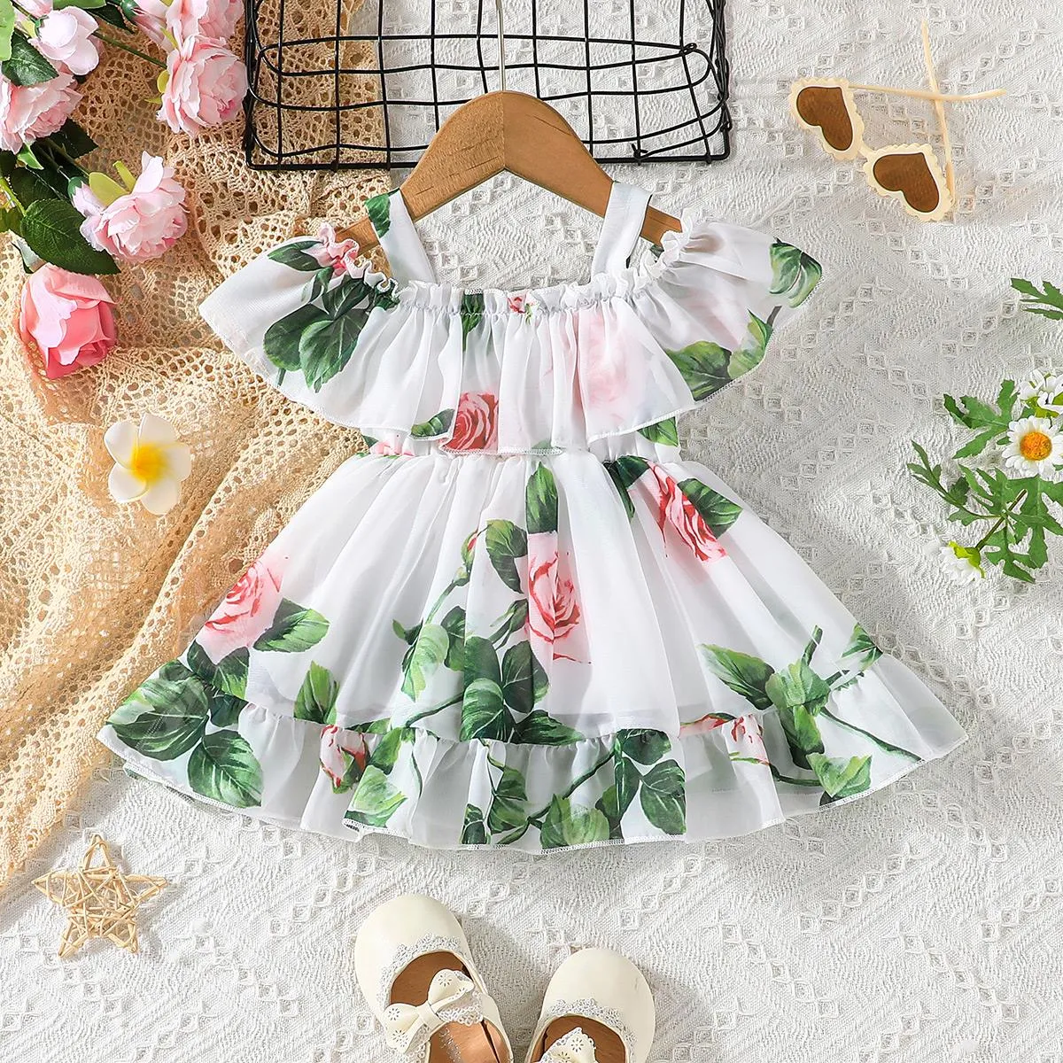 Baby Girl Allover Floral Print Ruffled Cold Shoulder Flowy Chiffon Dress White big image 1