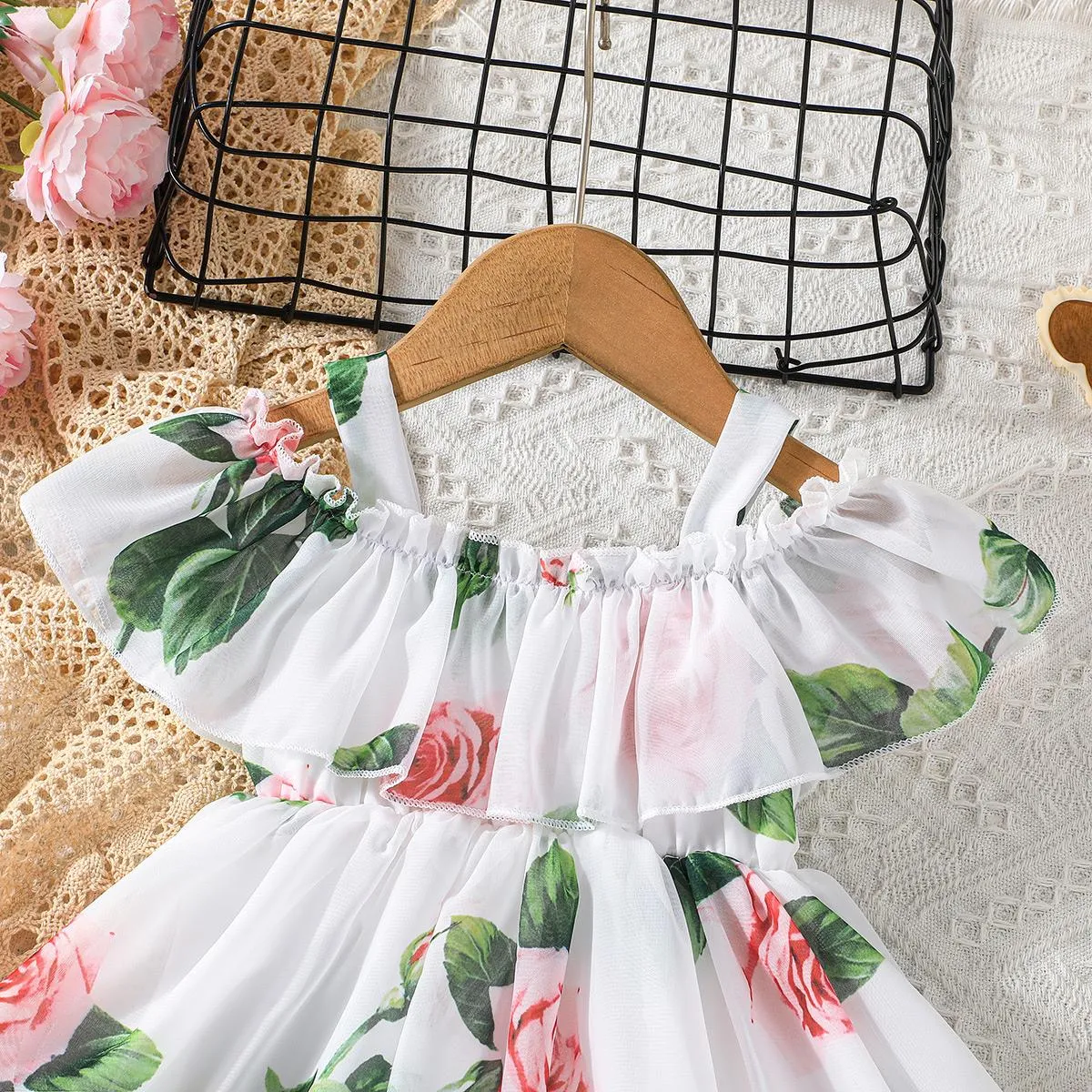 Baby Girl Allover Floral Print Ruffled Cold Shoulder Flowy Chiffon Dress White big image 1