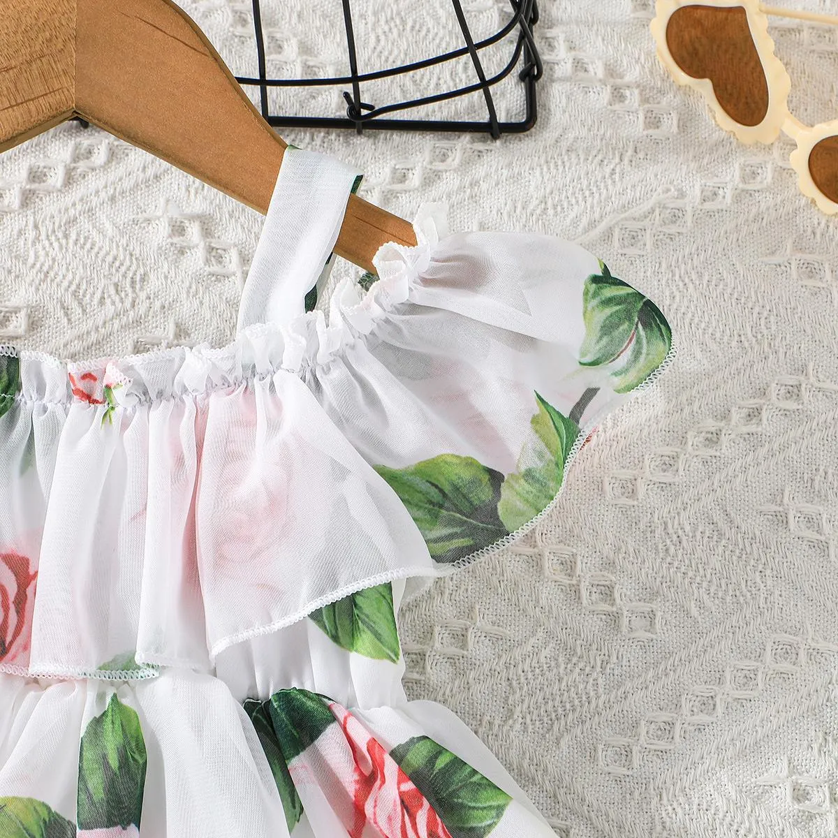 Baby Girl Allover Floral Print Ruffled Cold Shoulder Flowy Chiffon Dress White image 5