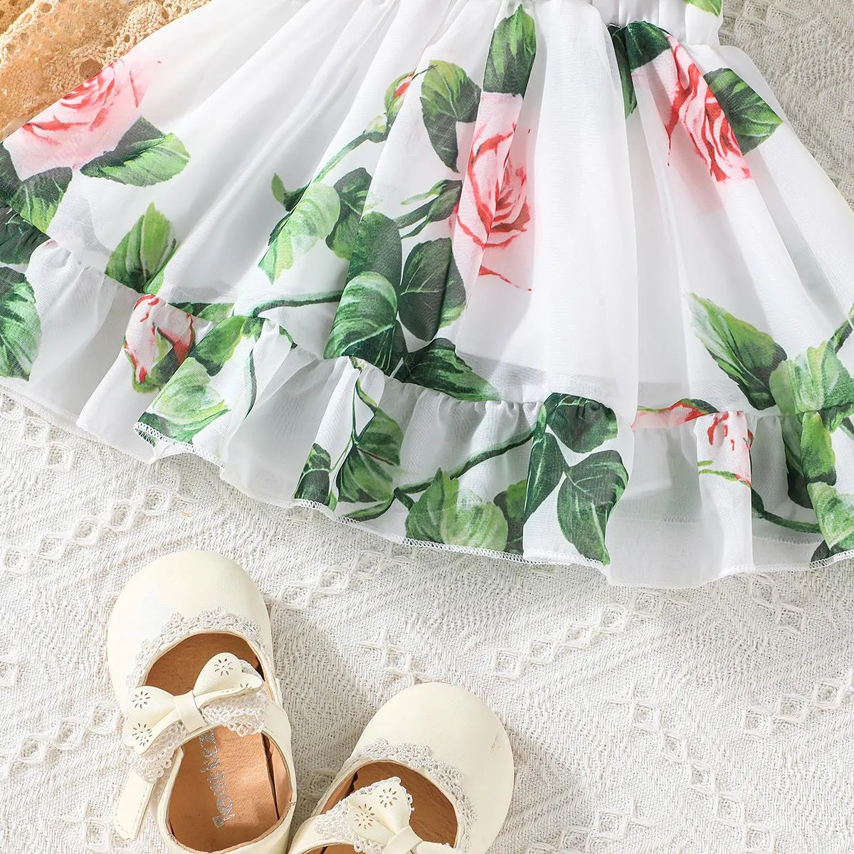 Baby Girl Allover Floral Print Ruffled Cold Shoulder Flowy Chiffon Dress White image 6