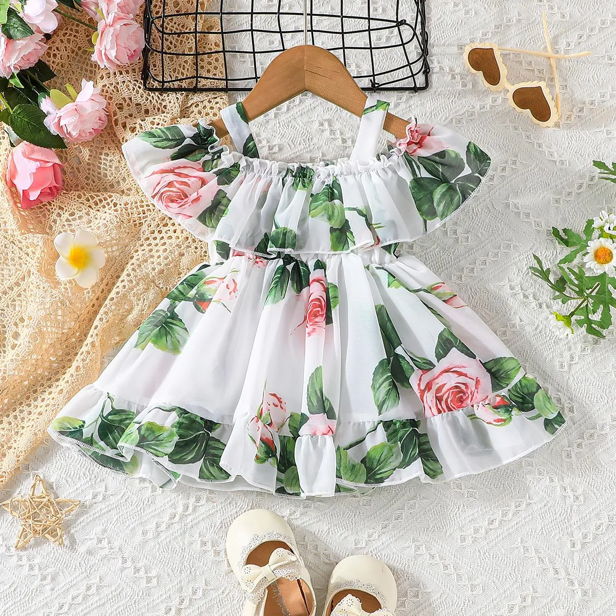 Baby Girl Allover Floral Print Ruffled Cold Shoulder Flowy Chiffon Dress White image 3