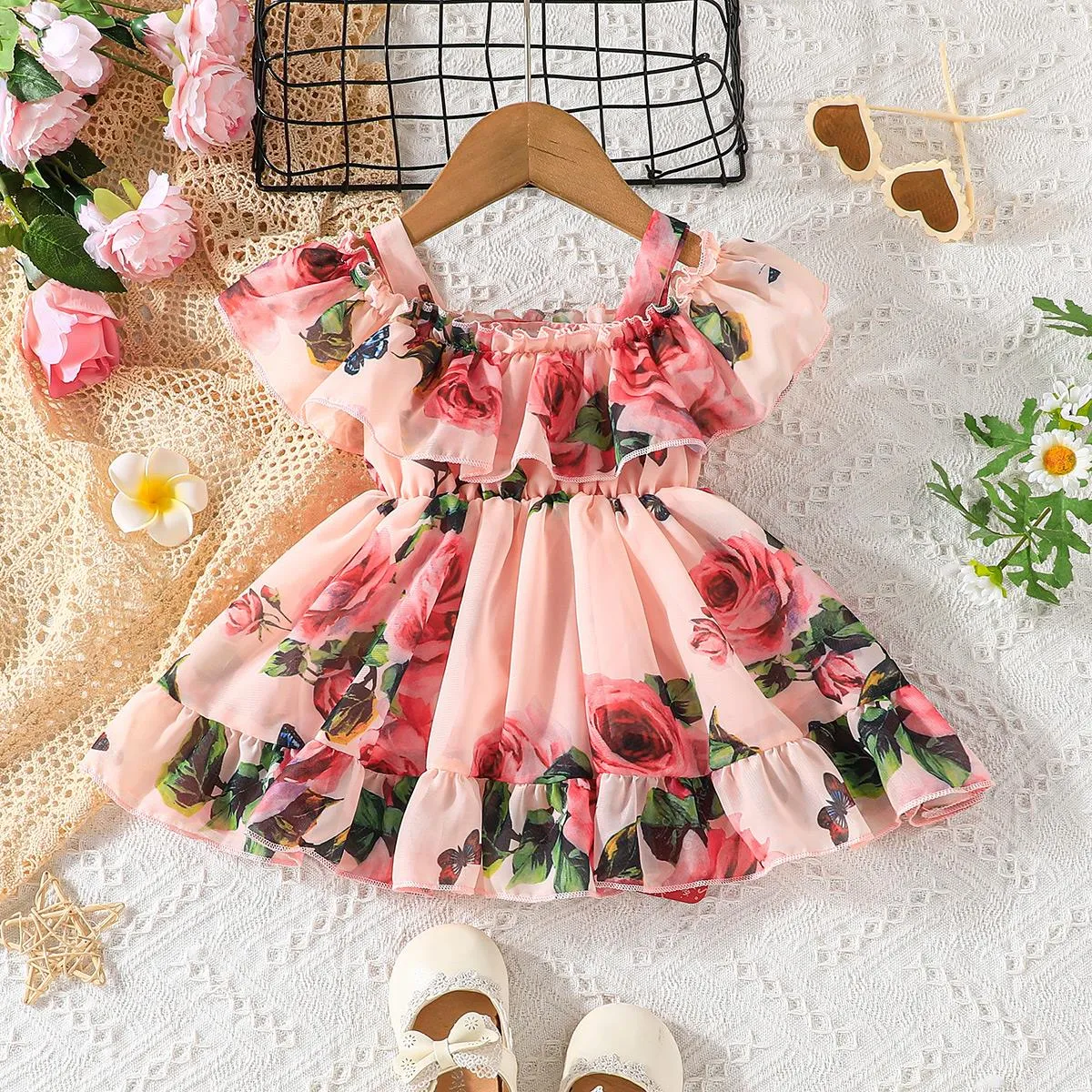 Baby Girl Allover Floral Print Ruffled Cold Shoulder Flowy Chiffon Dress Pink big image 1