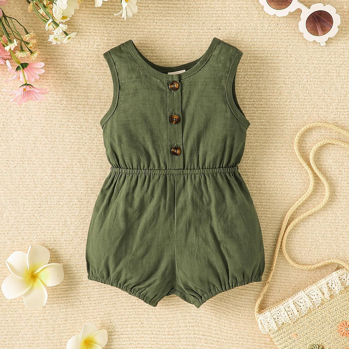 

Baby Girl 100% Cotton Button Front Tank Romper