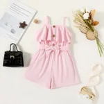 Toddler Girl Button Design Flounce Belted Solid Color Cami Romper Light Pink