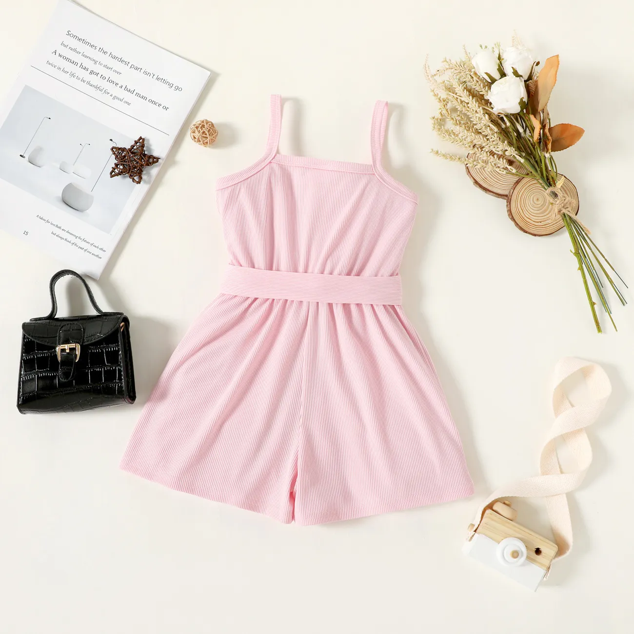 Toddler Girl Button Design Flounce Belted Solid Color Cami Romper Light Pink big image 1