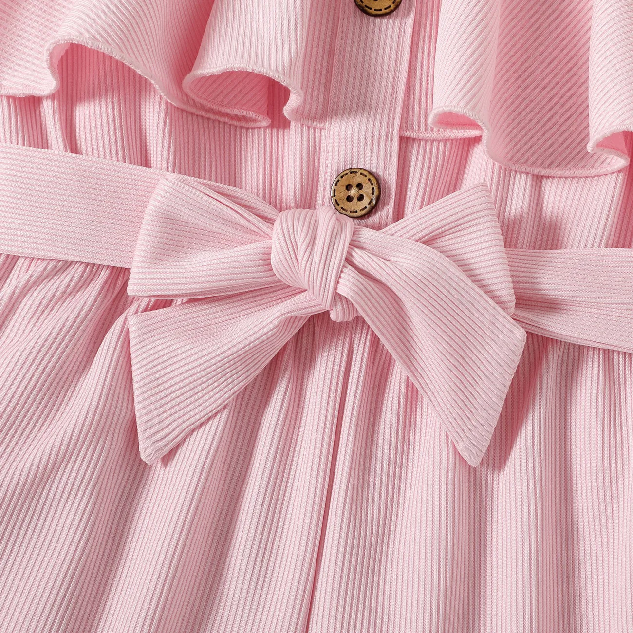 Toddler Girl Button Design Flounce Belted Solid Color Cami Romper Light Pink big image 1