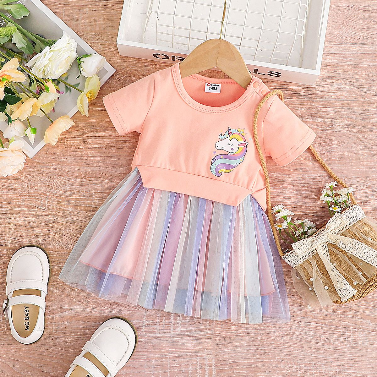 

Baby Girl Cotton Short-sleeve Unicorn Print Faux-two Mesh Dress