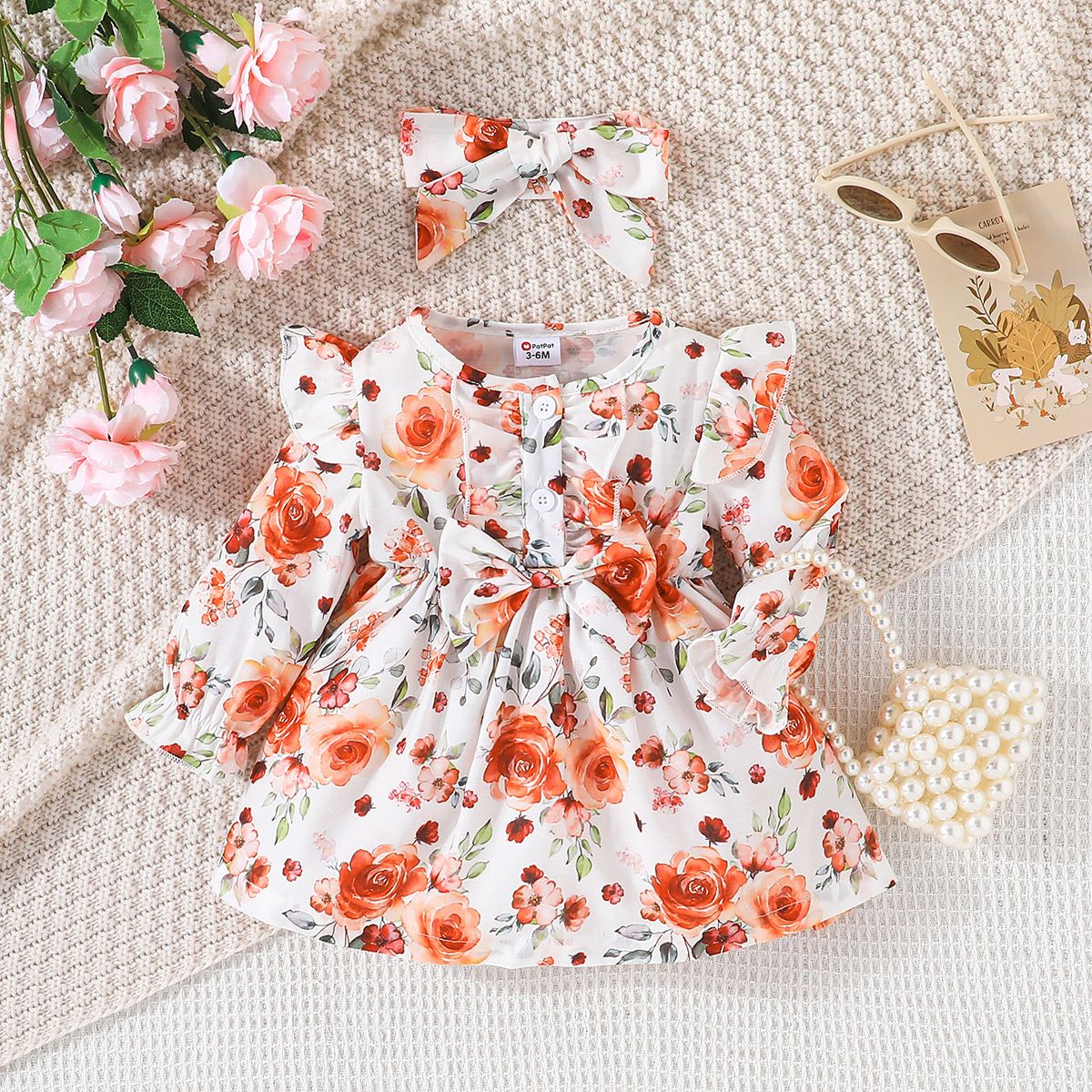 

2pcs Baby Girl Allover Floral Print Ruffle Trim Long-sleeve Dress & Headband Set