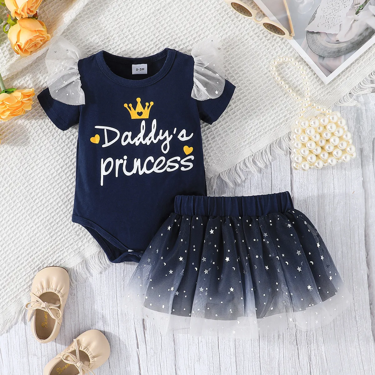 2pcs Baby Girl 95% Cotton Crown & Letter Print Short-sleeve Romper And Glittery Stars Mesh Skirt Set