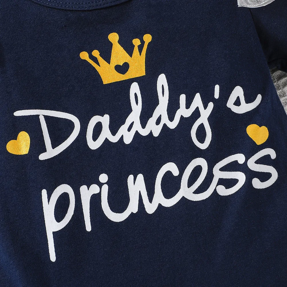 2pcs Baby Girl 95% Cotton Crown & Letter Print Short-sleeve Romper and Glittery Stars Mesh Skirt Set big image 6